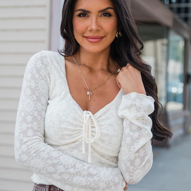 Nice Days Ahead Cream Lace Knit Sweetheart Neckline Top FINAL SALE Product Image