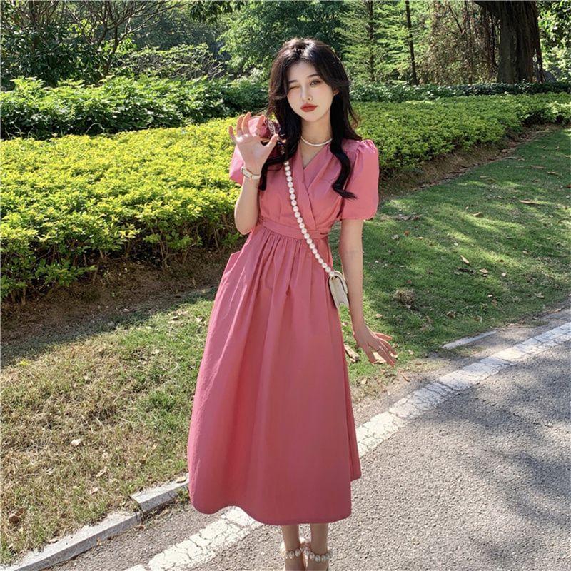 Puff-Sleeve V-Neck Plain Midi A-Line Dress Product Image