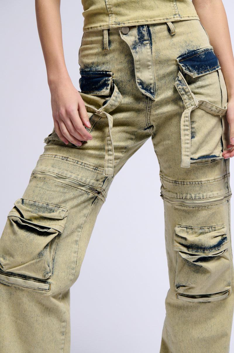 CAPRICE DISTRESSED DENIM CARGO CONVERTIBLE ZIP OFF PANT Product Image