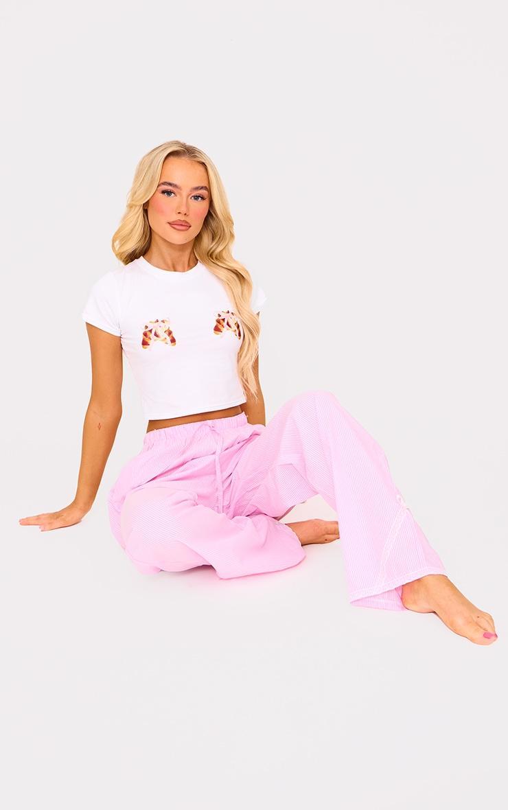 Pink Stripe Croissant Bow Long Pant Lace Detail Set Product Image
