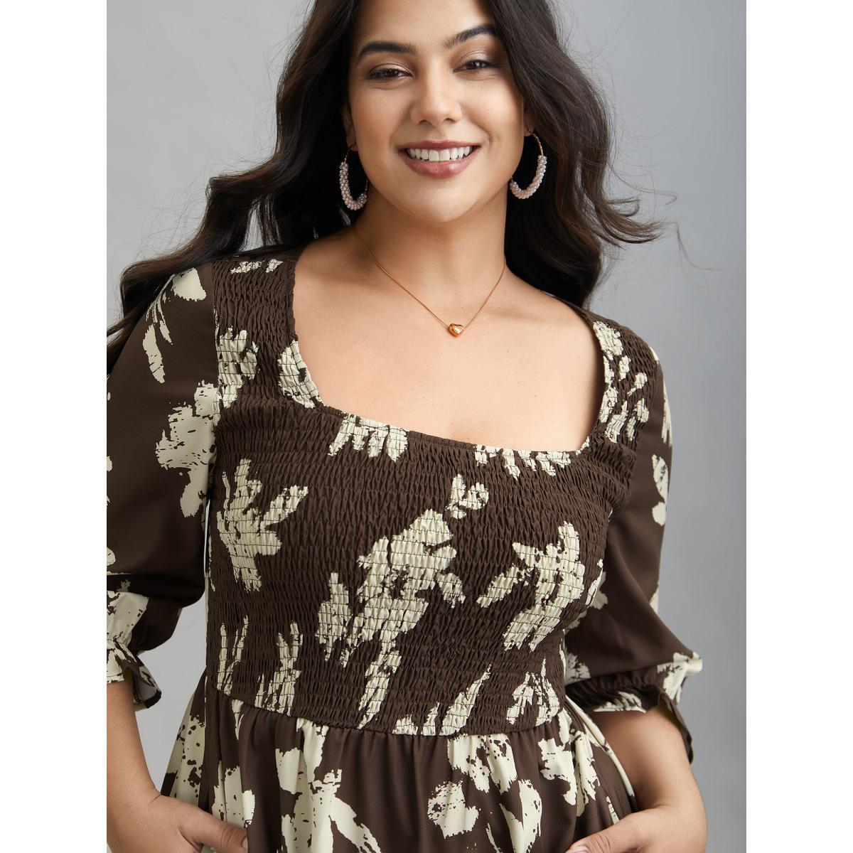 Plus Size Leaf Print Square Neck Ruffled Shirred Midi Dress Browncoffeecolor Women Elegant Shirred Square Neck Elbow-length sleeve Curvy BloomChic 12/L Product Image