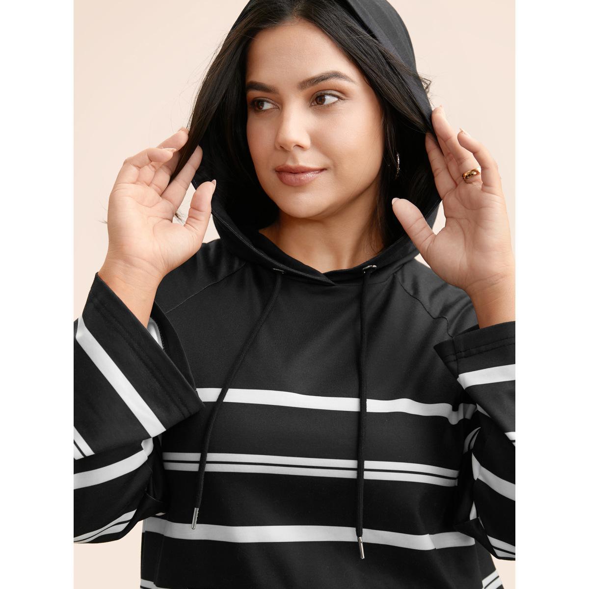 Plus Size Striped Hooded Drawstring Raglan Sleeve Sweatshirt Women Black Casual Eyelet Loose Hooded Everyday Sweatshirts BloomChic 26/4X Product Image