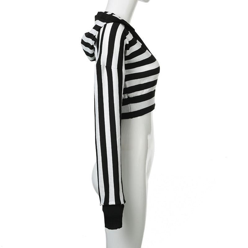 Long Sleeve Deep Plunge Striped Hood Knit Crop Top Product Image