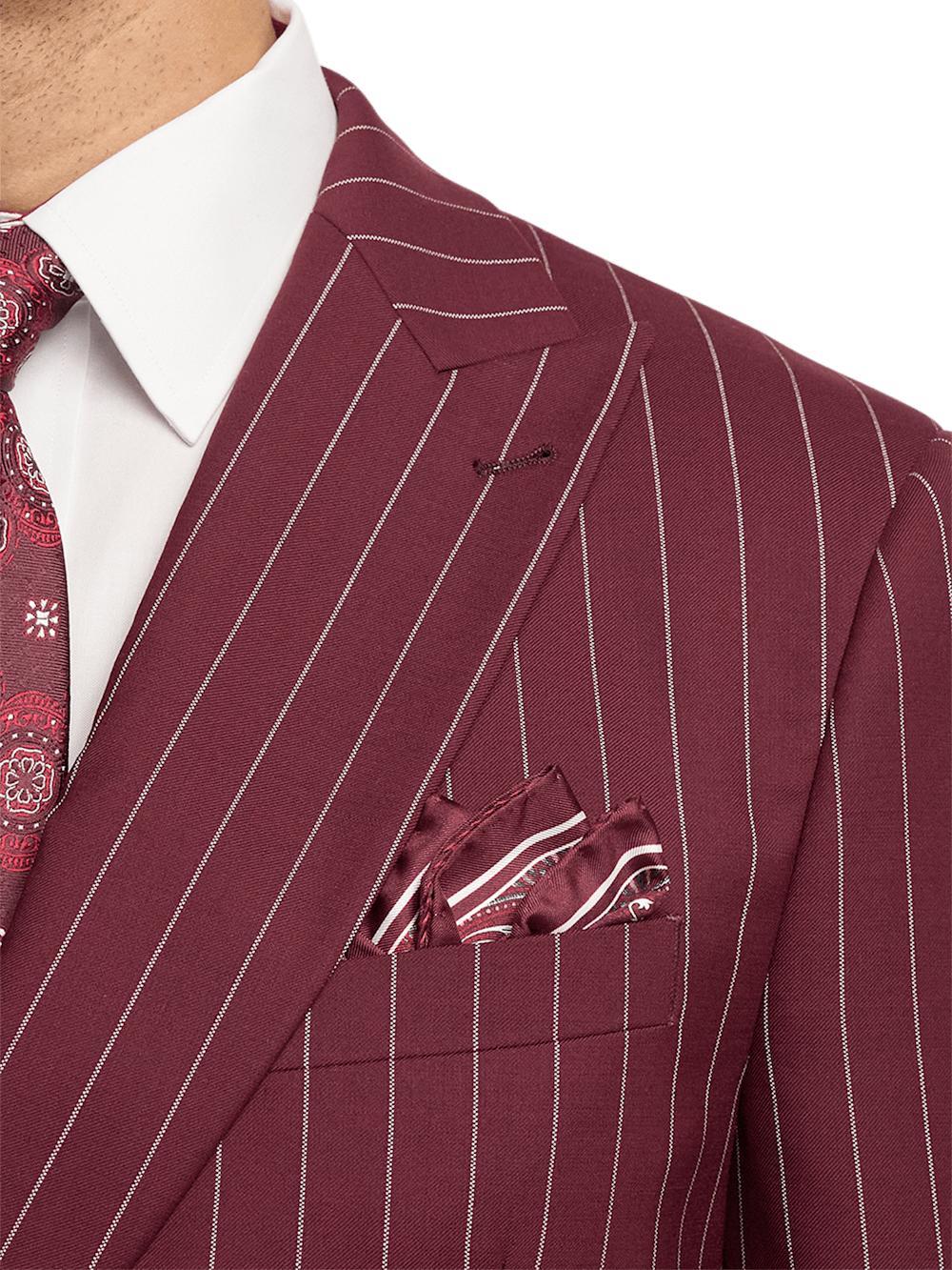 Wool Stretch Stripe Double Breasted Suit Jacket - Burgundy Product Image