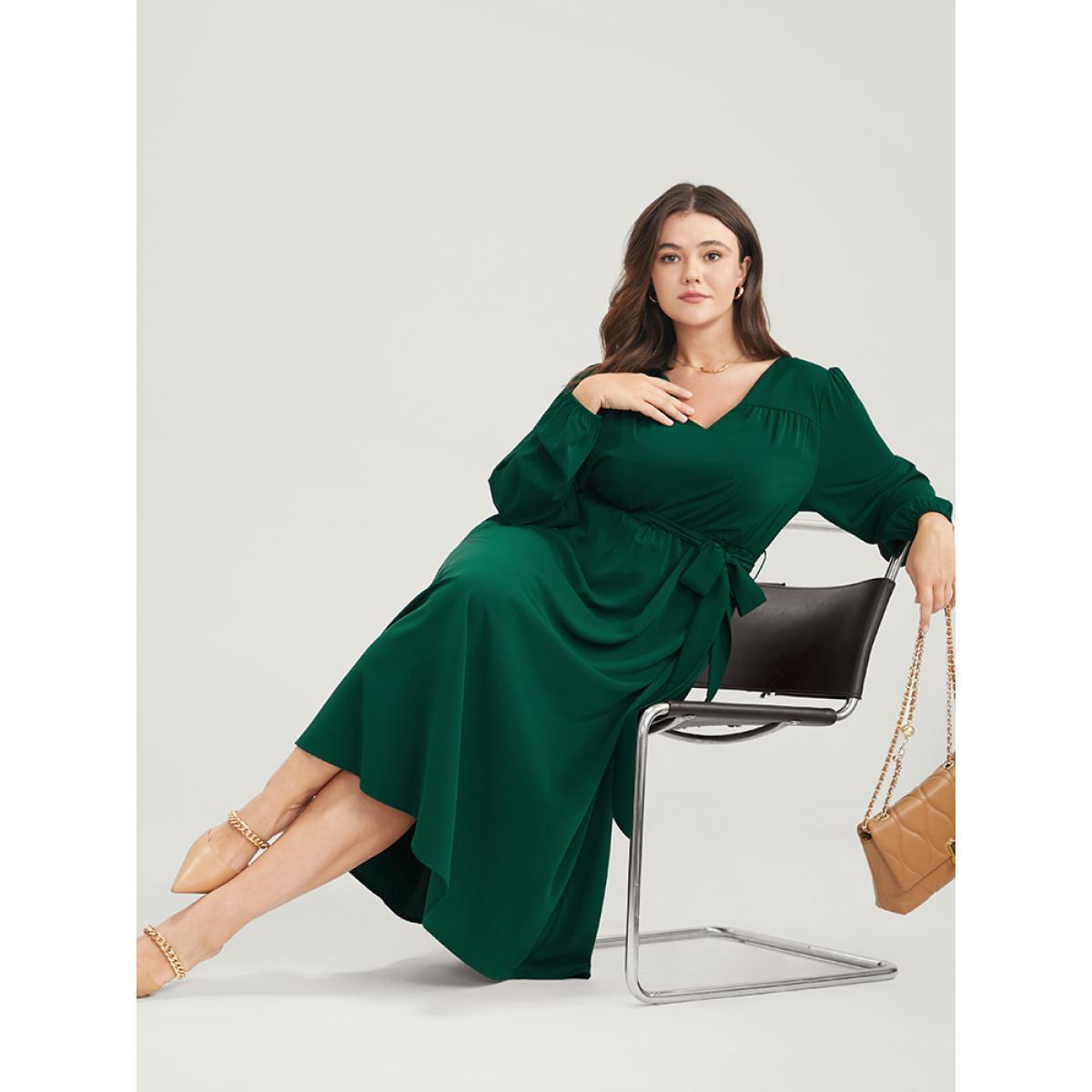 Plus Size Solid V Neck Pocket Belted Lantern Sleeve Midi Dress DarkGreen Women Elegant Belted V-neck Long Sleeve Curvy Midi Dress BloomChic 14-16/1X Product Image