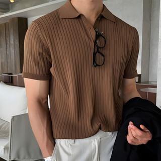 Short-Sleeve Ribbed Polo Knit Top Product Image