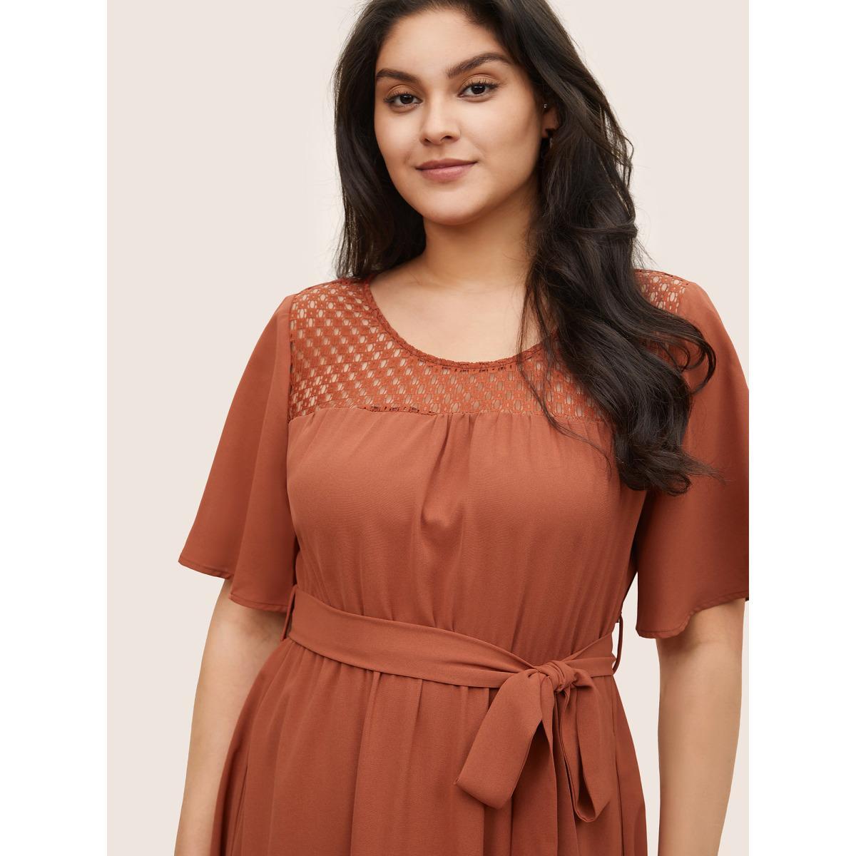 Plus Size Hollow Out Belted Gathered Patchwork Hem Dress Rust Women Resort Non Round Neck Short sleeve Curvy Midi Dress BloomChic 14-16/1X Product Image