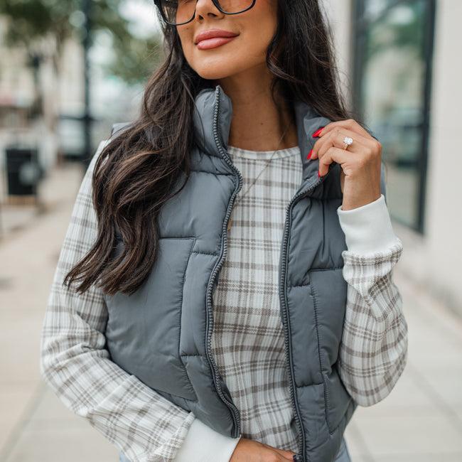Sights To See Slate Cropped Puffer Vest FINAL SALE Product Image