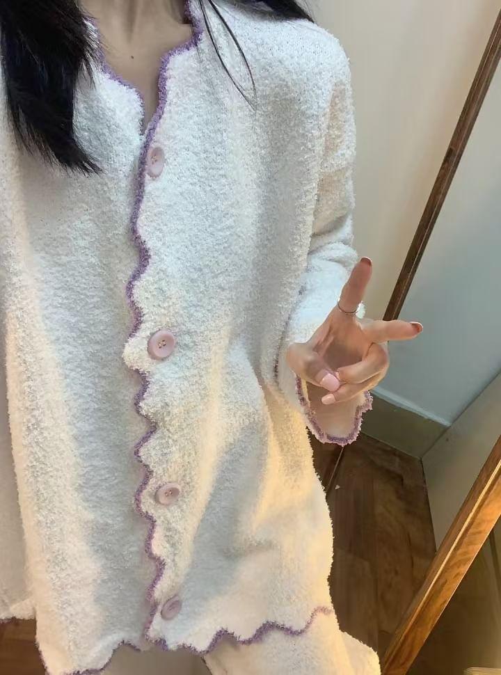 Pajama Set: V-Neck Contrast Trim Scallop Edge Cardigan + Straight Leg Pants Product Image