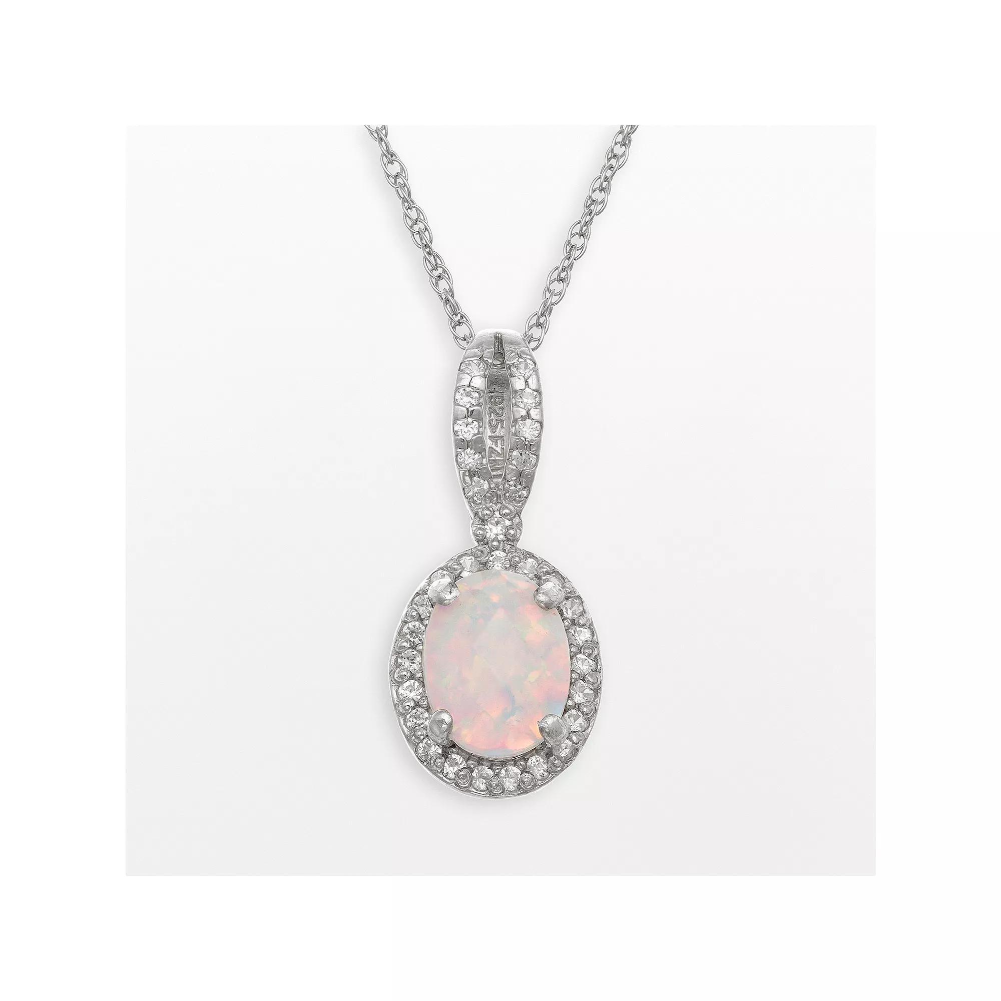 Sterling Silver Lab-Created Opal and Lab-Created White Sapphire Oval Halo Pendant, Women's, Size: 18", Multi Product Image