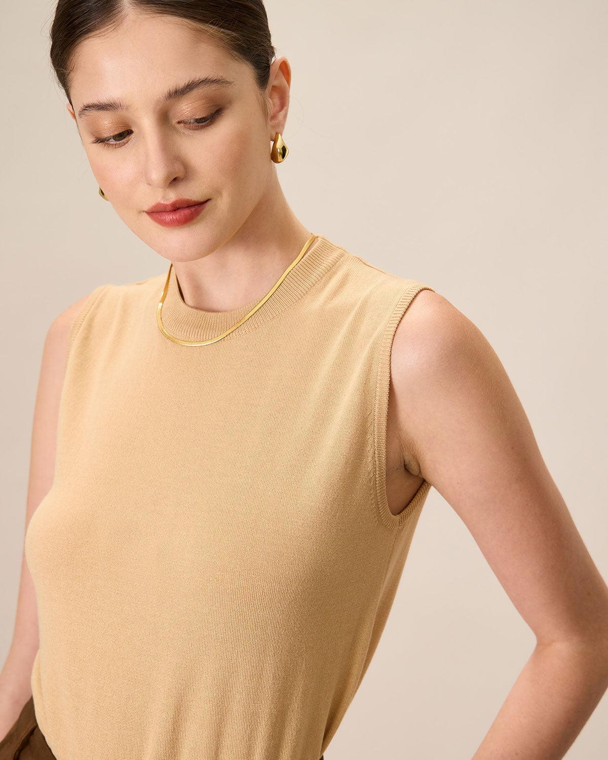 Women's Khaki Crew Neck Ribbed Tencel Tanks Female Product Image