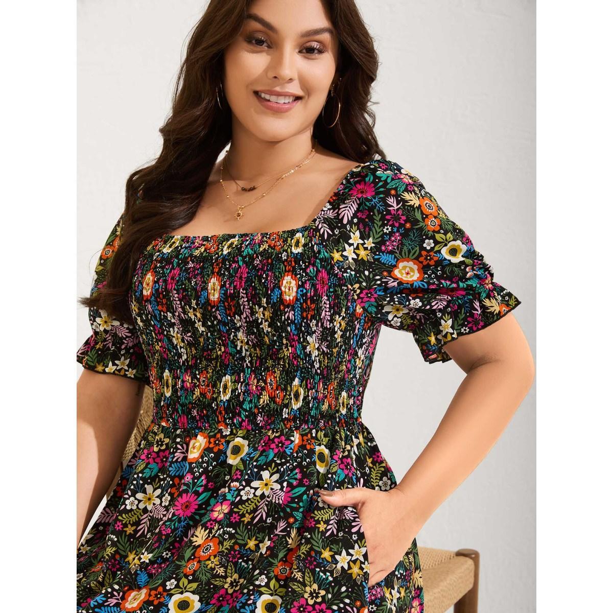 Plus Size Shirred Stretchy Waist Floral Midi Dress BlackFlower Women Square Neck Short sleeve Curvy BloomChic 12/L Product Image