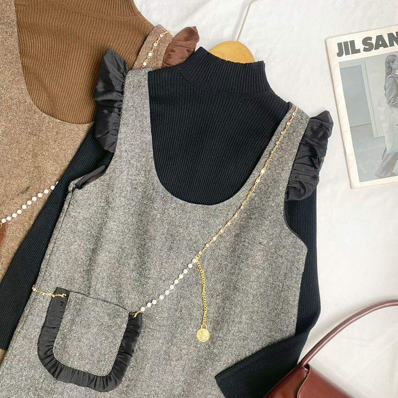 Set: Long-Sleeve Mock Neck Plain Knit Top + Scoop Neck Contrast Frill Trim Chained Mini Overall Dress Product Image
