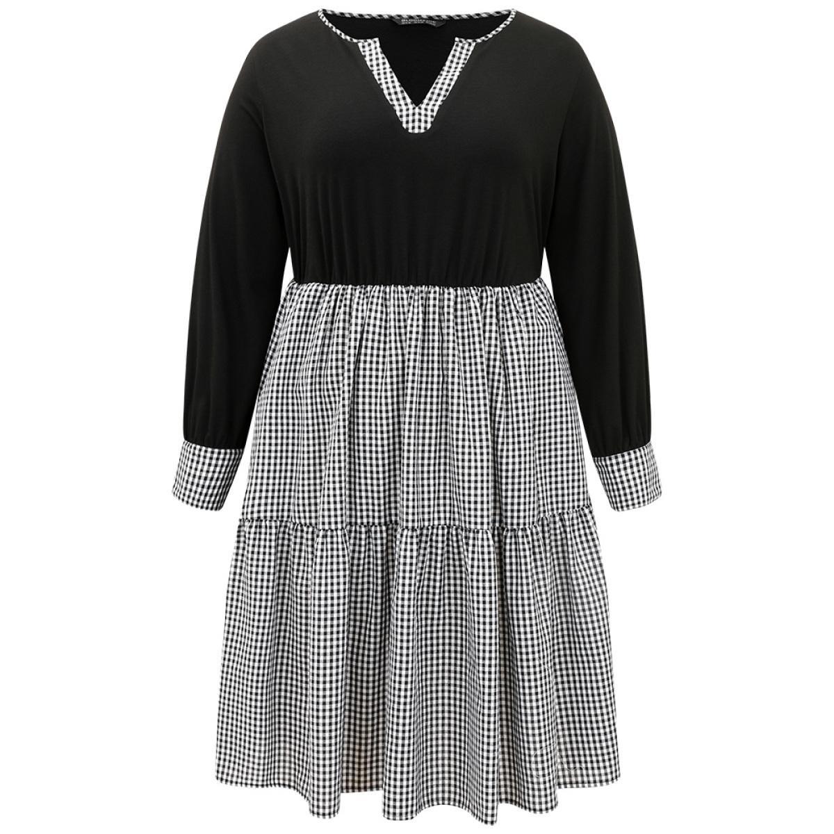 Plus Size Notched Drawstring Gingham Patchwor Dress Black Women Casual Patchwork Notched collar Long Sleeve Curvy Midi Dress BloomChic 22-24/3X Product Image