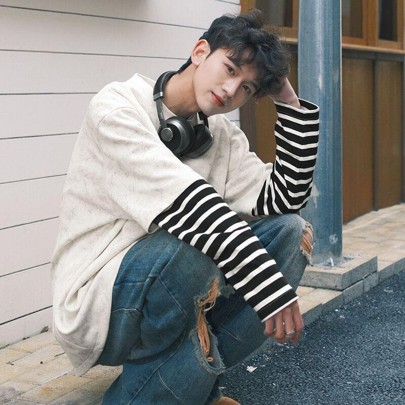 Mock Two-Piece Crew Neck Striped Panel Sweatshirt Product Image