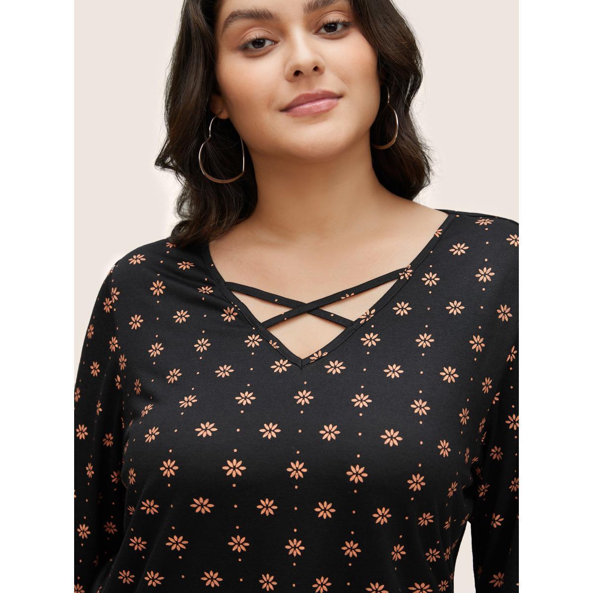 Plus Size Ditsy Floral Print Crisscross Neck T-shirt BlackFlower Women Casual Cross straps Ditsy Floral V-neck Everyday T-shirts BloomChic 14-16/1X Product Image