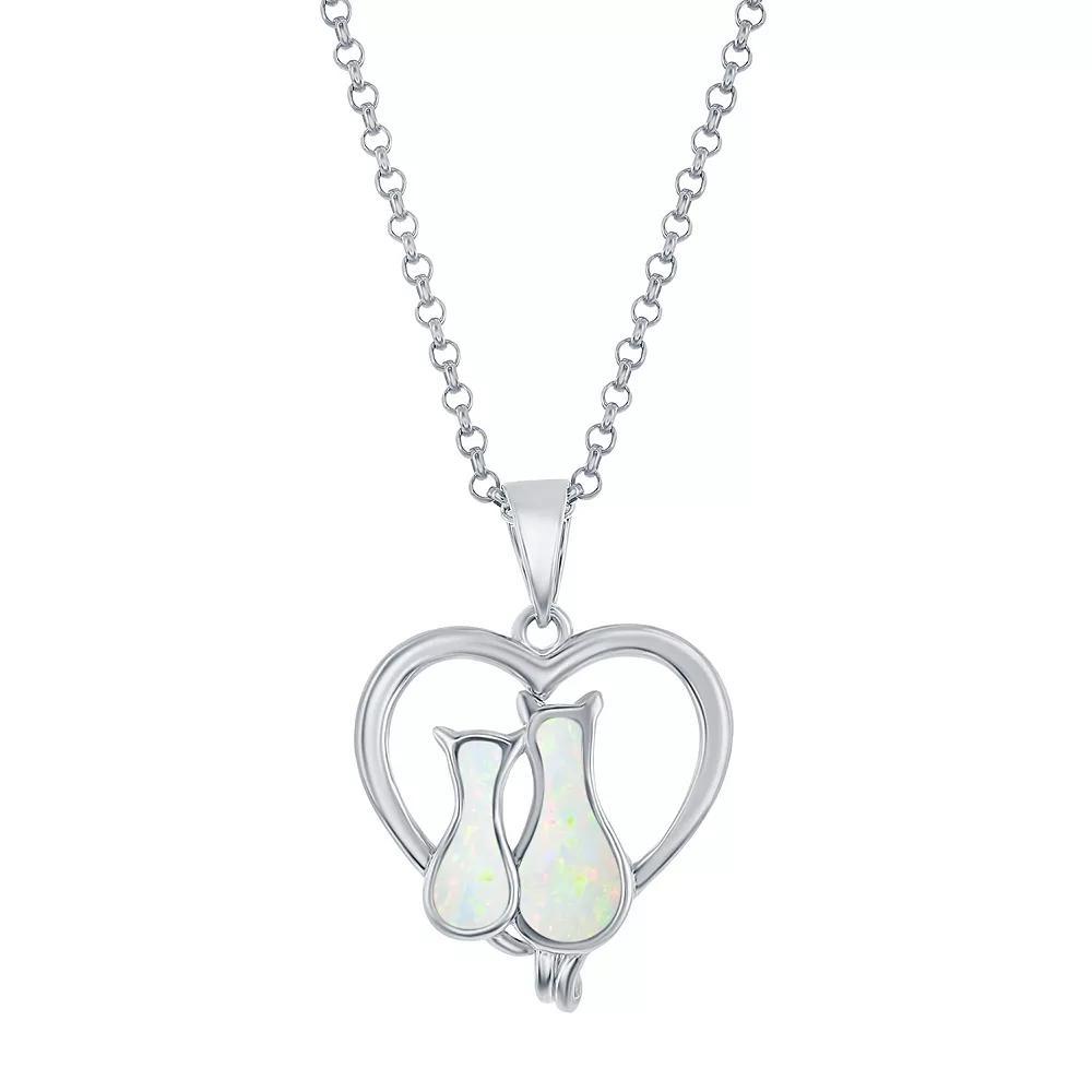 Sterling Silver Lab-Created White Opal Cats In Heart Necklace, Women's, Size: 18" Product Image
