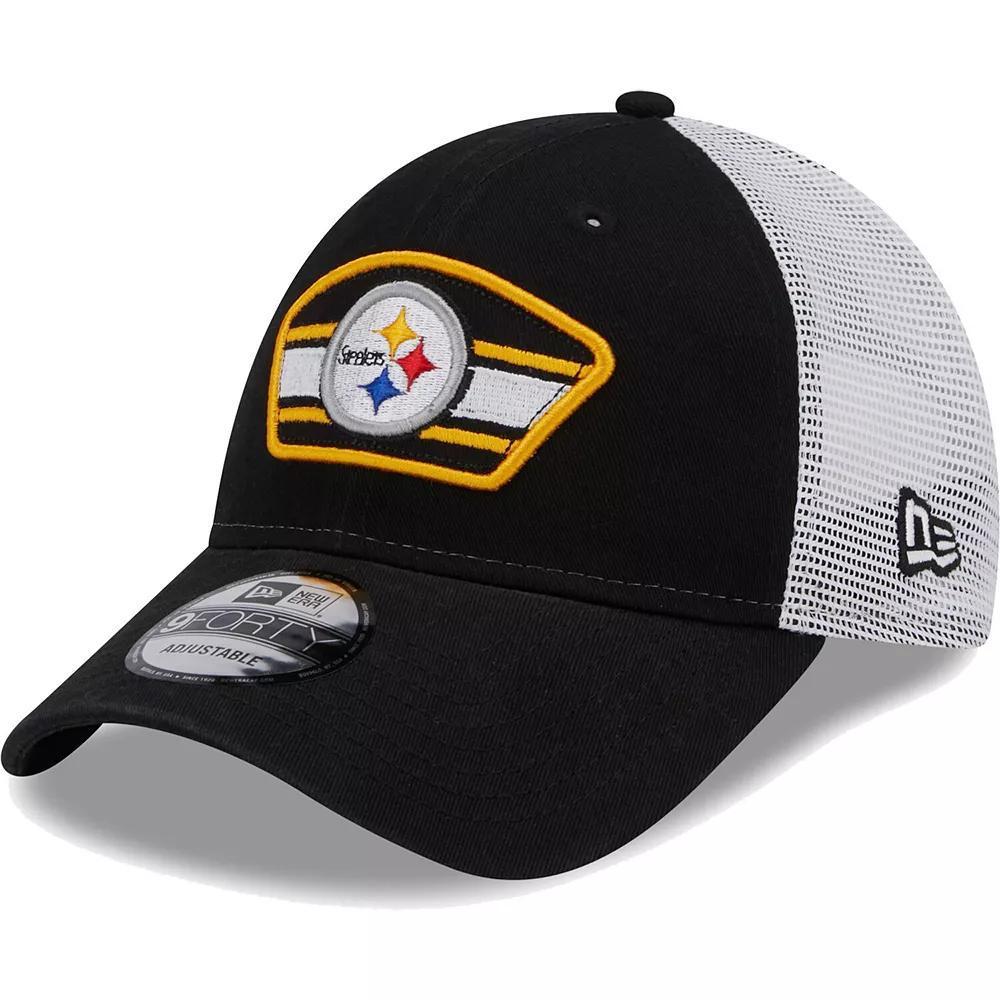 Men's New Era Black/White Pittsburgh Steelers Logo Patch Trucker 9FORTY Snapback Hat Product Image