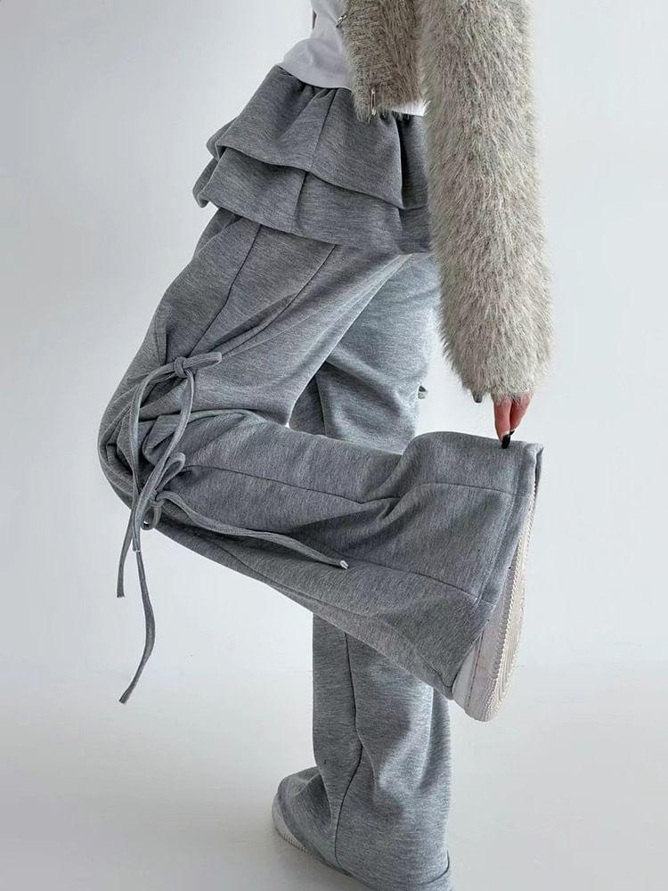Drawstring Waist Plain Peplum Bow Wide Leg Sweatpants Product Image