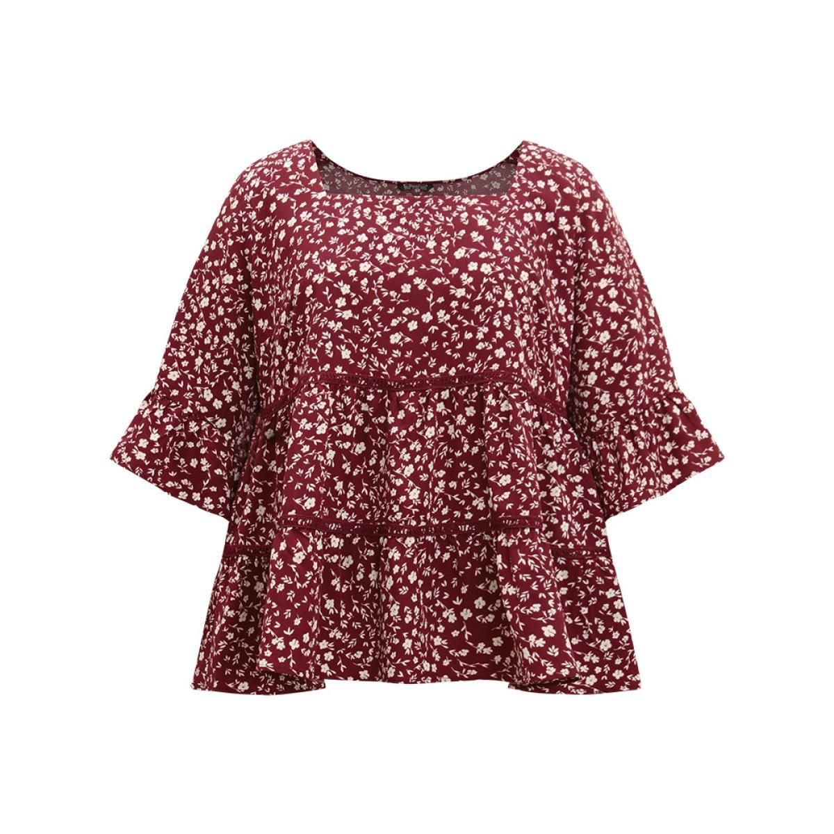 Plus Size Burgundy Silhouette Floral Print Lace Patchwork Square Neck Flutters Blouse Women Elegant Elbow-length sleeve Square Neck Dailywear Blouses BloomChic 10/M Product Image