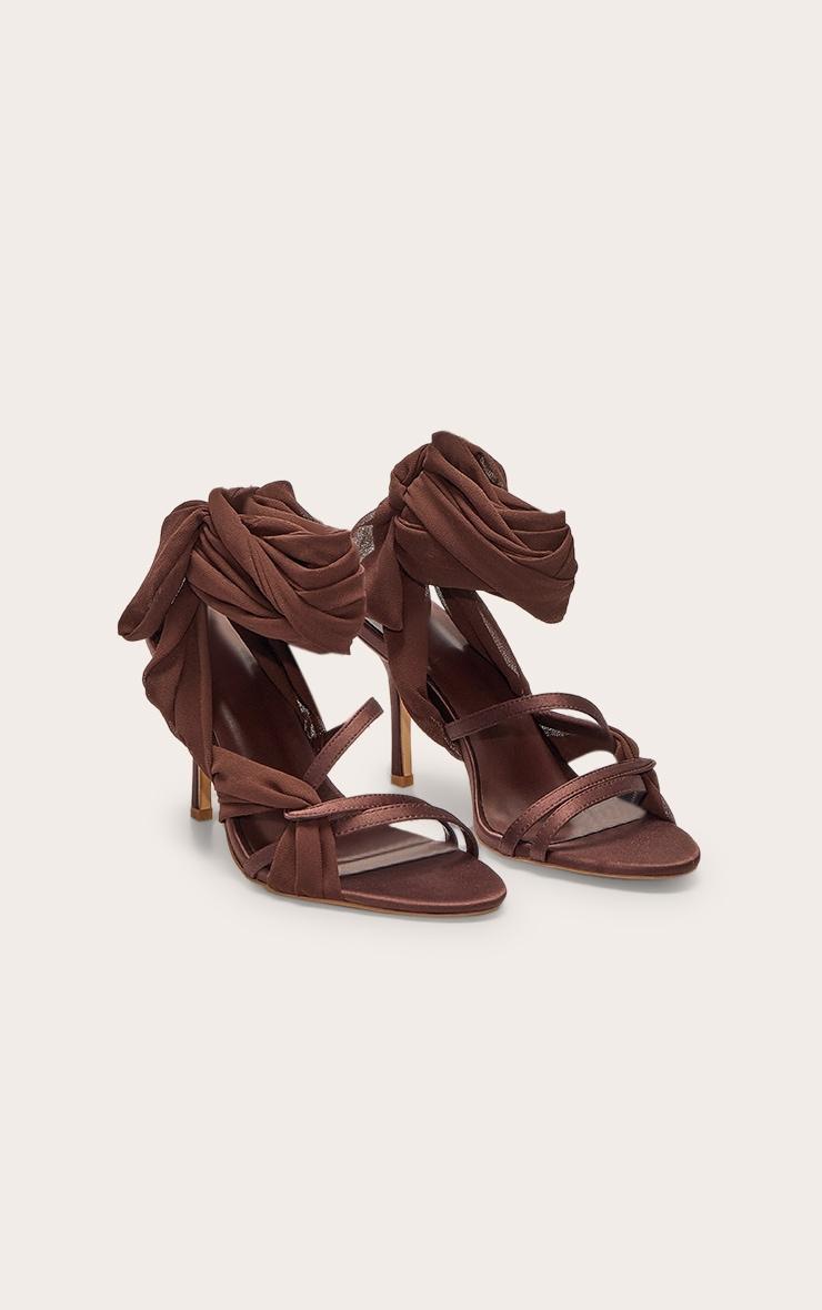 Chocolate Satin Round Toe Lace Up Ribbon High Heel Sandals Product Image