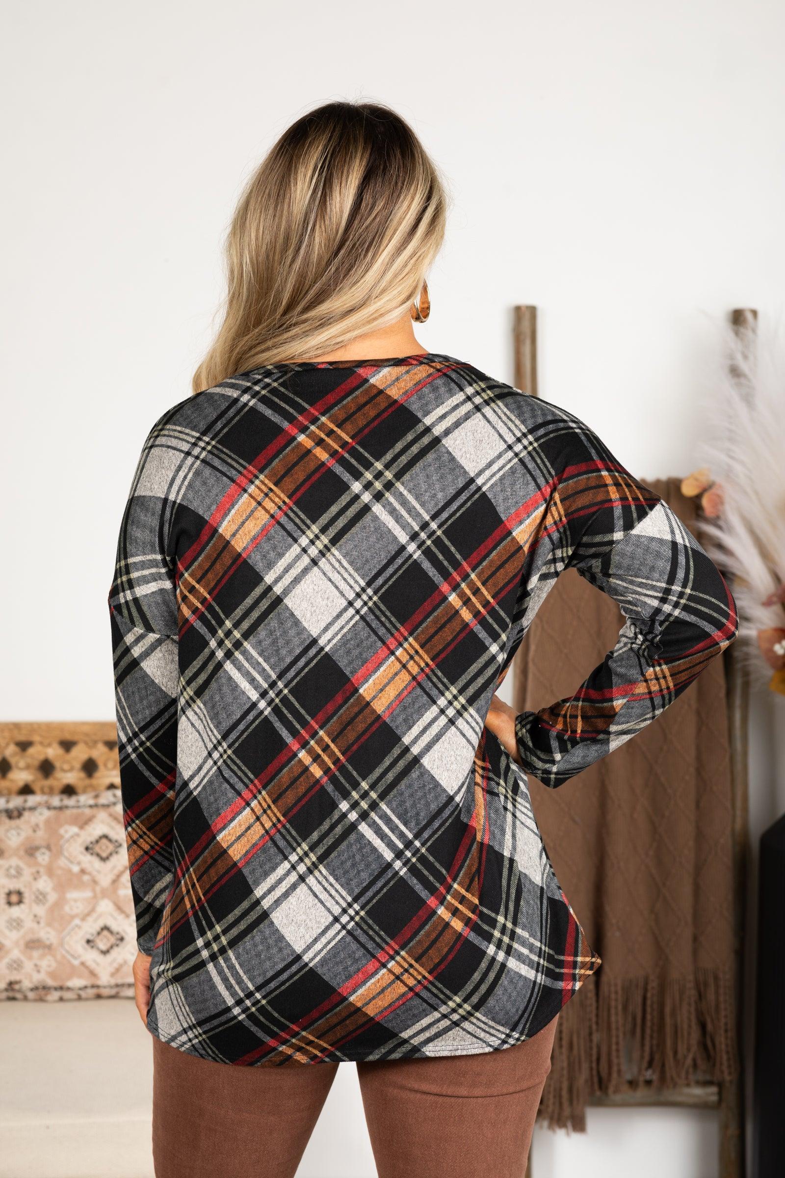 Black Plaid Long Sleeve Knit Top Product Image