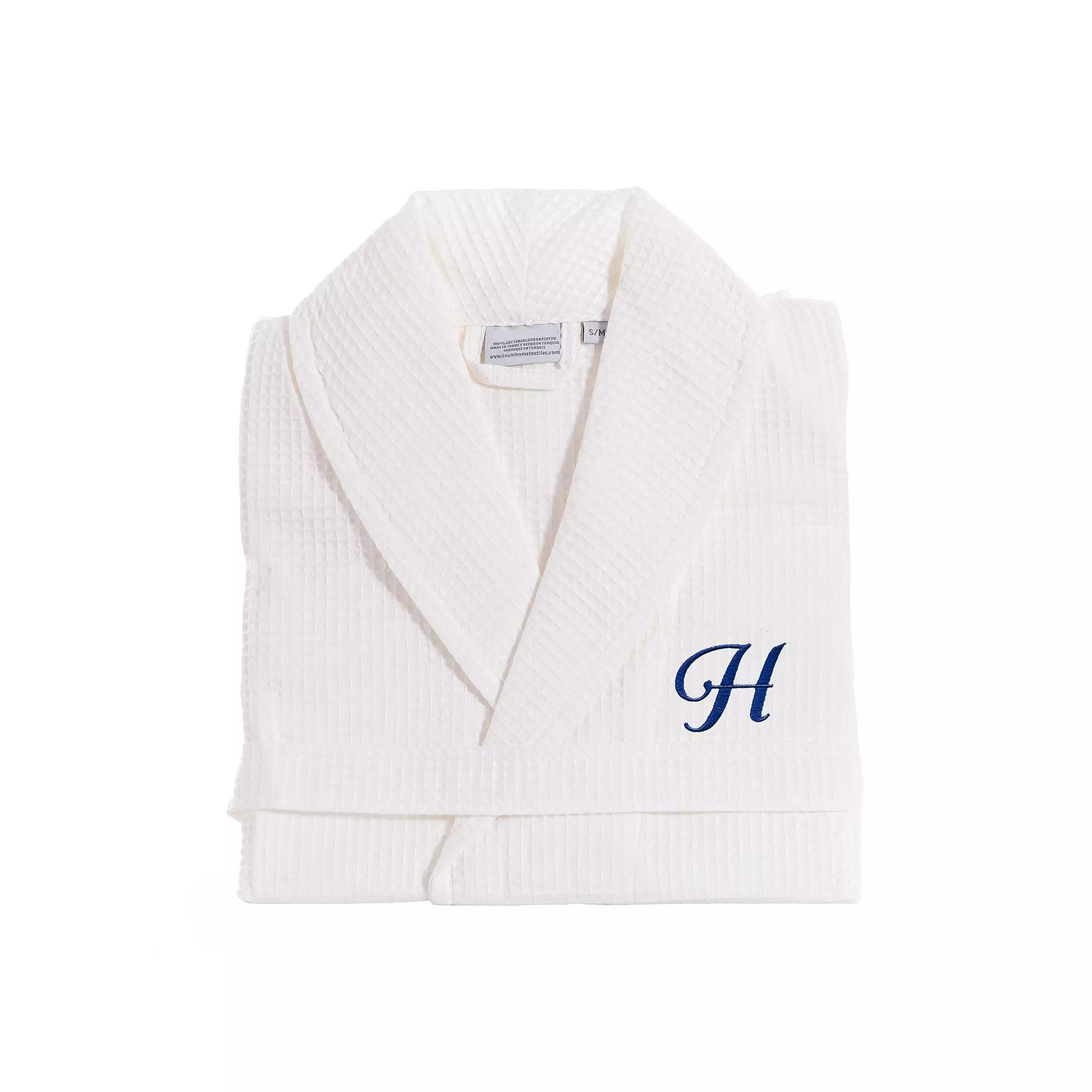 Linum Home Textiles Turkish Cotton Personalized Waffle Weave Bathrobe, Women's, Size: Large/XL, White Gray F Product Image