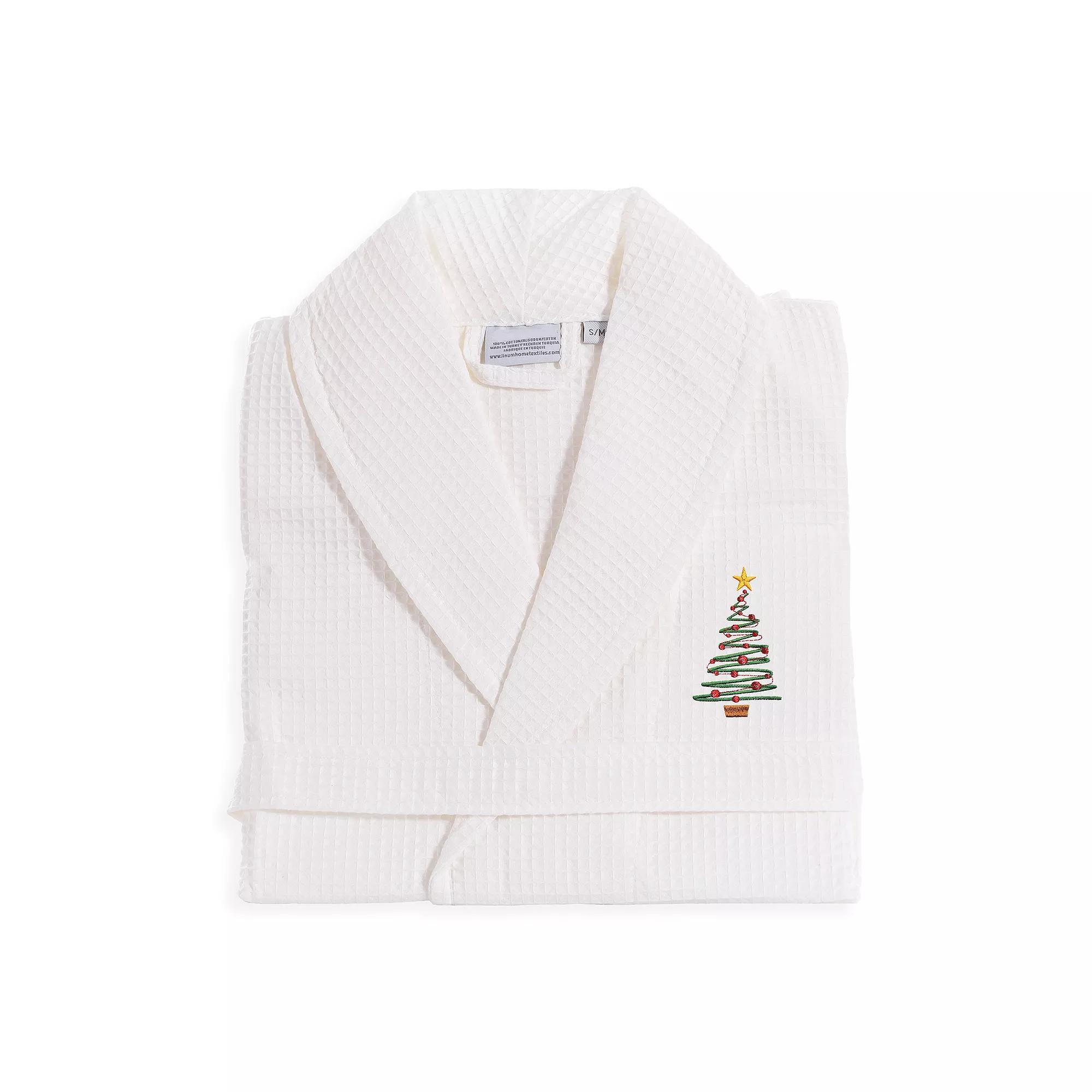 Linum Home Textiles Waffle Weave Embroidered Christmas Tree Bathrobe, Women's, Size: Large/XL, White Product Image