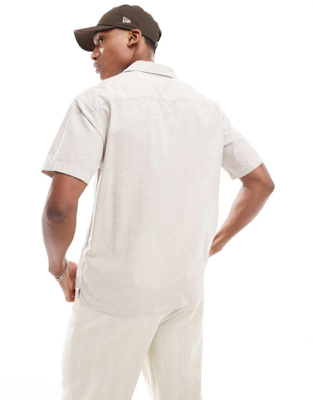 Jack & Jones linen shirt with revere collar in beige Product Image