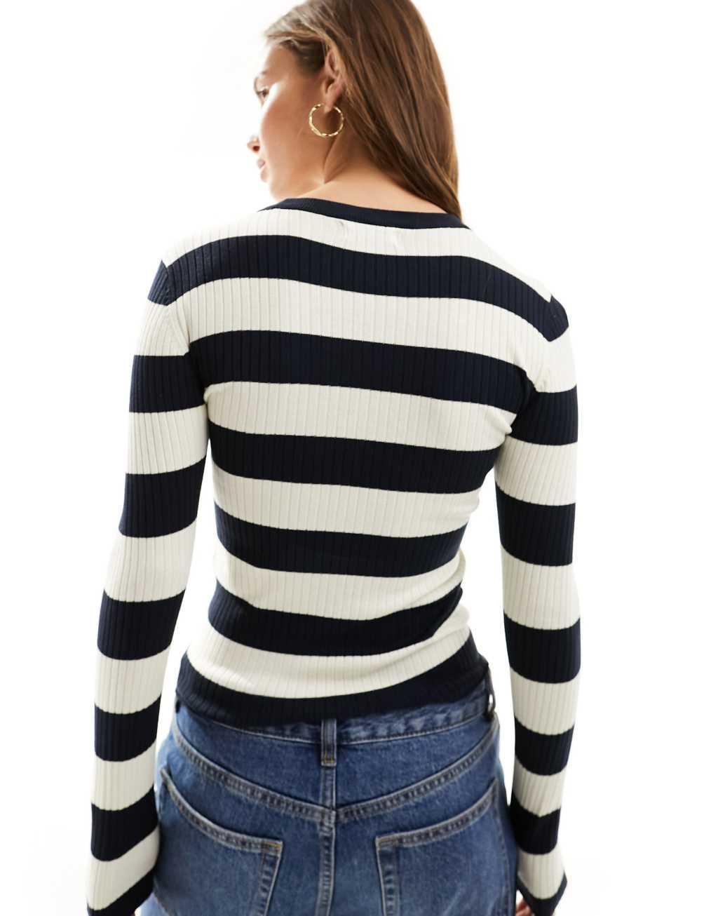 JDY ribbed long sleeve top in navy & cream stripe Product Image