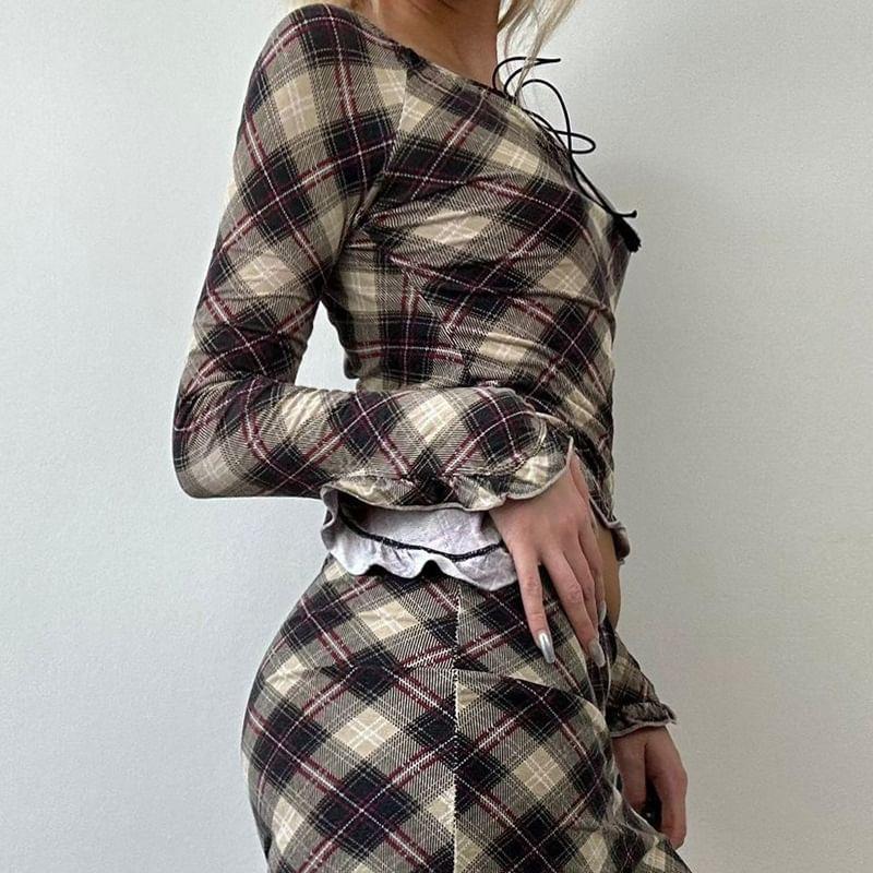 Long Sleeve Boat Neck Plaid Tie Front Top Product Image
