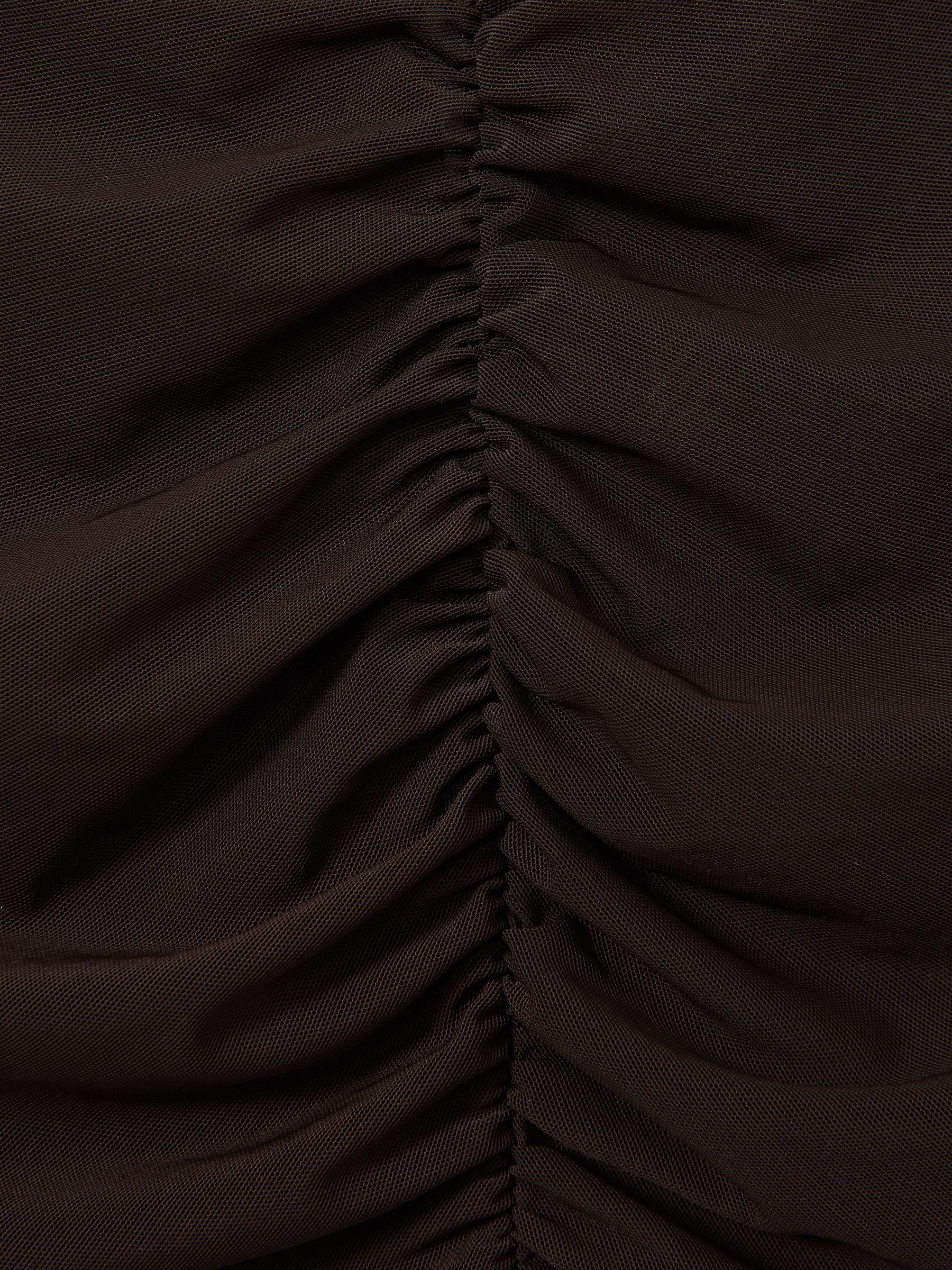 Petite Mesh Ruched Midi Dress in Chocolate Product Image