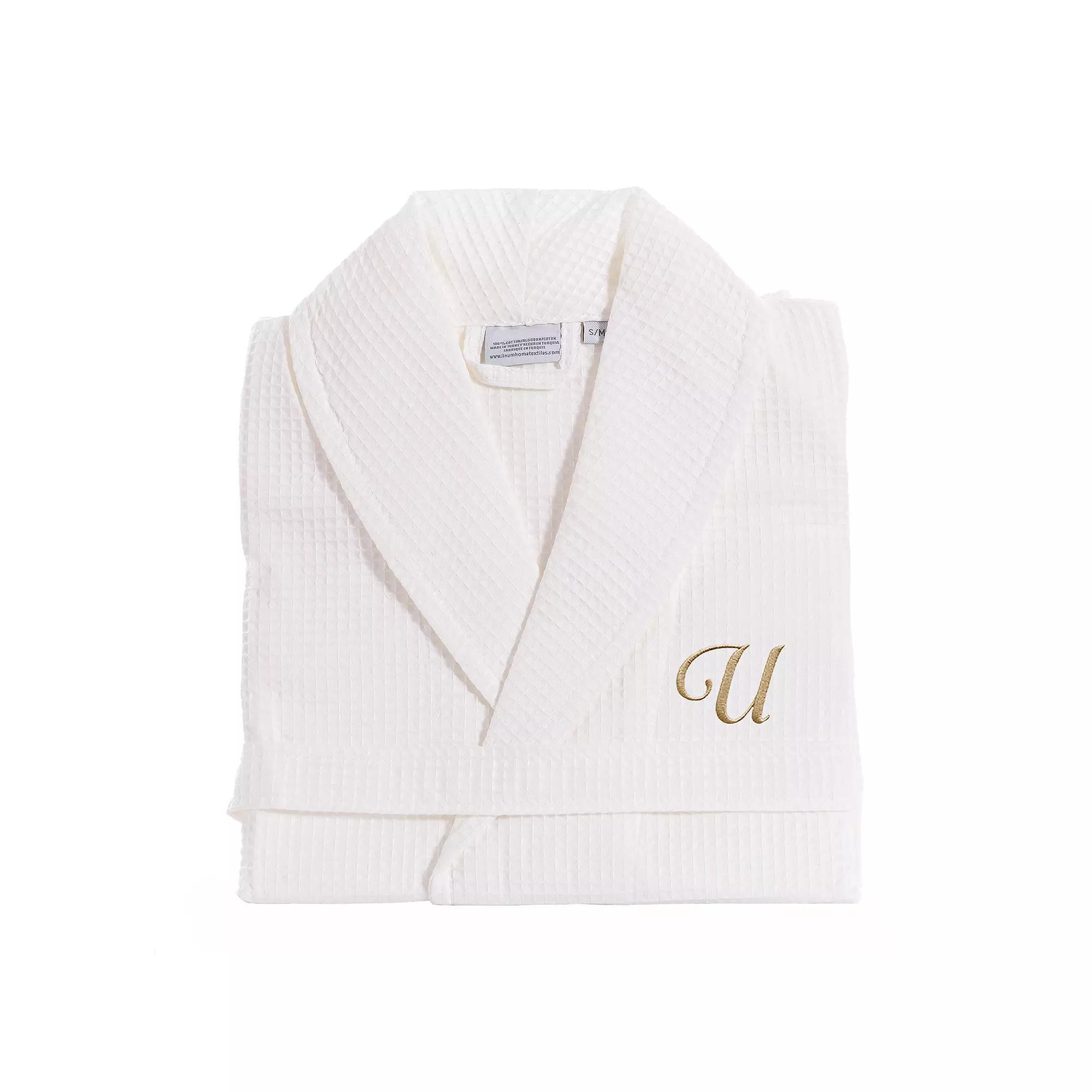 Linum Home Textiles Turkish Cotton Personalized Waffle Weave Bathrobe, Women's, Size: Small/Medium, White Gray W Product Image