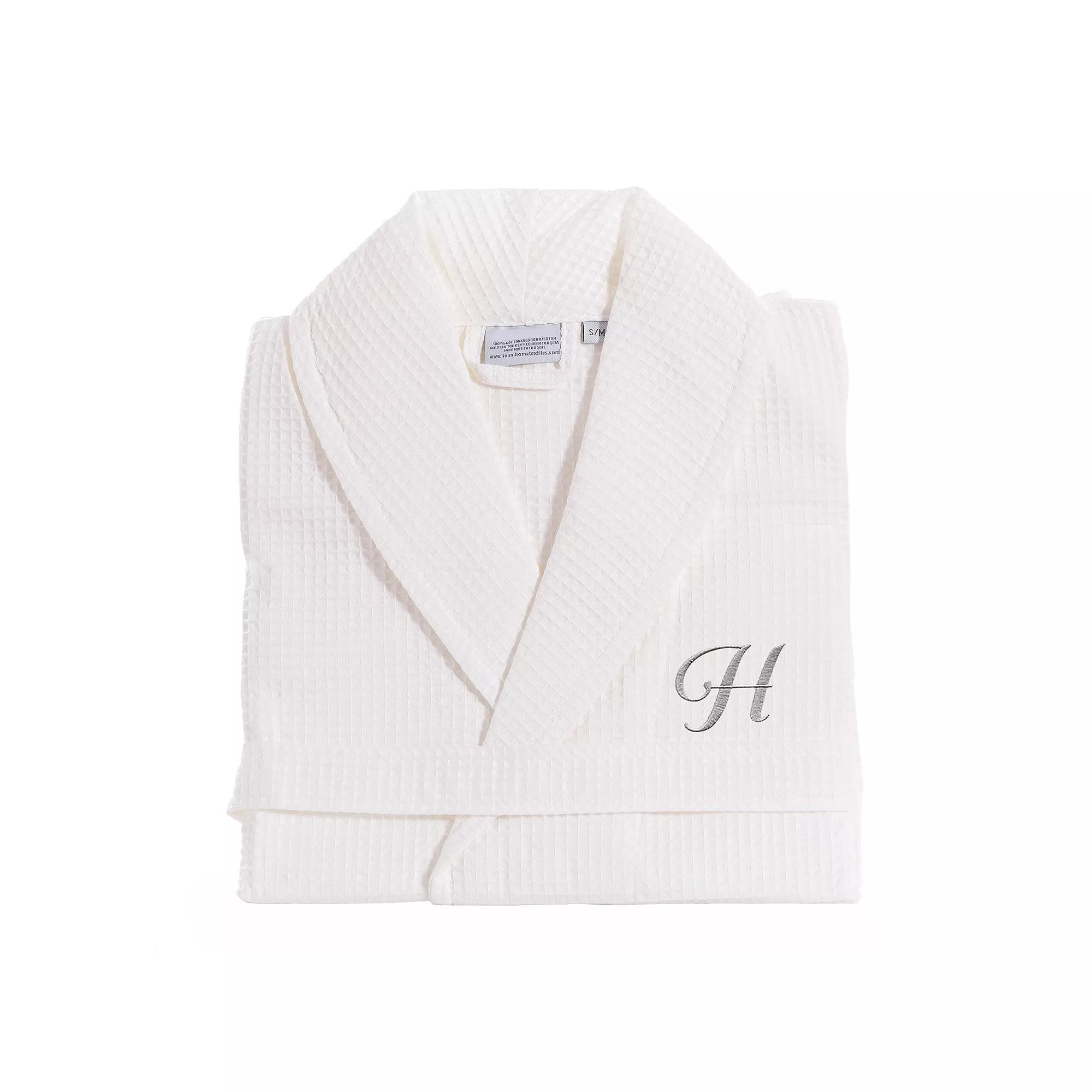 Linum Home Textiles Turkish Cotton Personalized Waffle Weave Bathrobe, Women's, Size: Large/XL, White Gray F Product Image