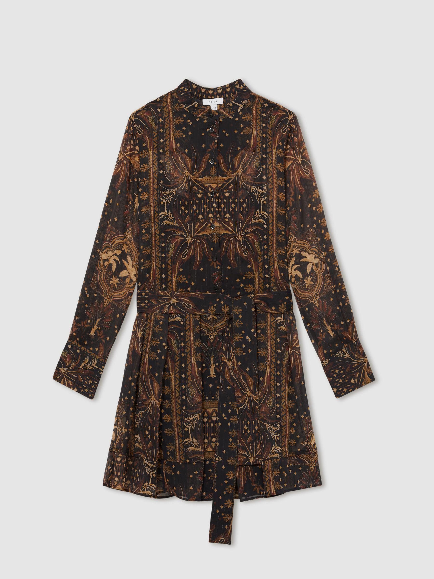 Botanical-Print Chiffon Mini Dress in Navy Product Image