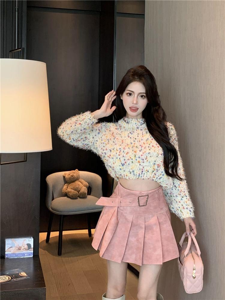 Mock Neck Dotted Cropped Sweater / High Rise Washed Pleated Mini A-Line Skirt Product Image