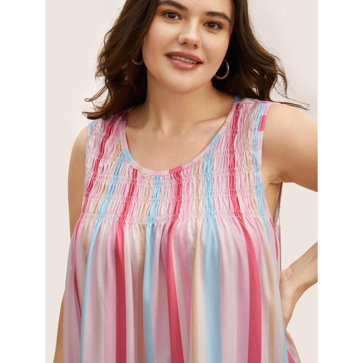 Plus Size Crew Neck Colored Striped Shirred Tank Top Women Multicolor Casual Gathered Round Neck Everyday Tank Tops Camis BloomChic 14-16/1X Product Image