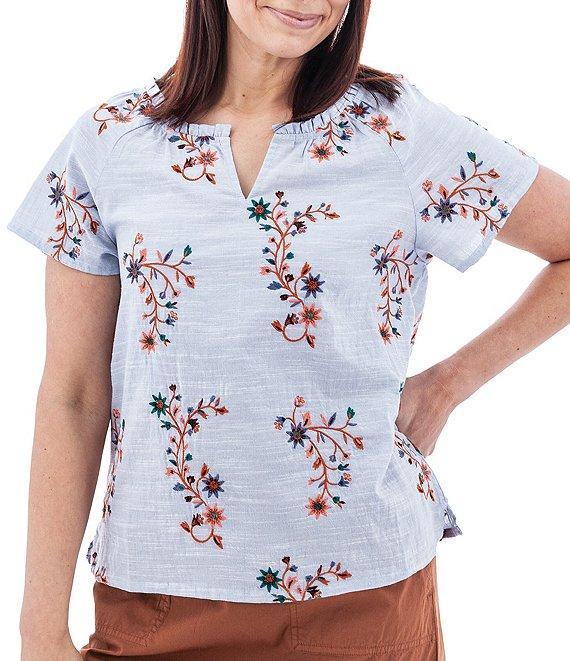 Aventura Lorena Floral Embroidery Split V-Neck Raglan Sleeves Mini Ruched Woven Top Product Image