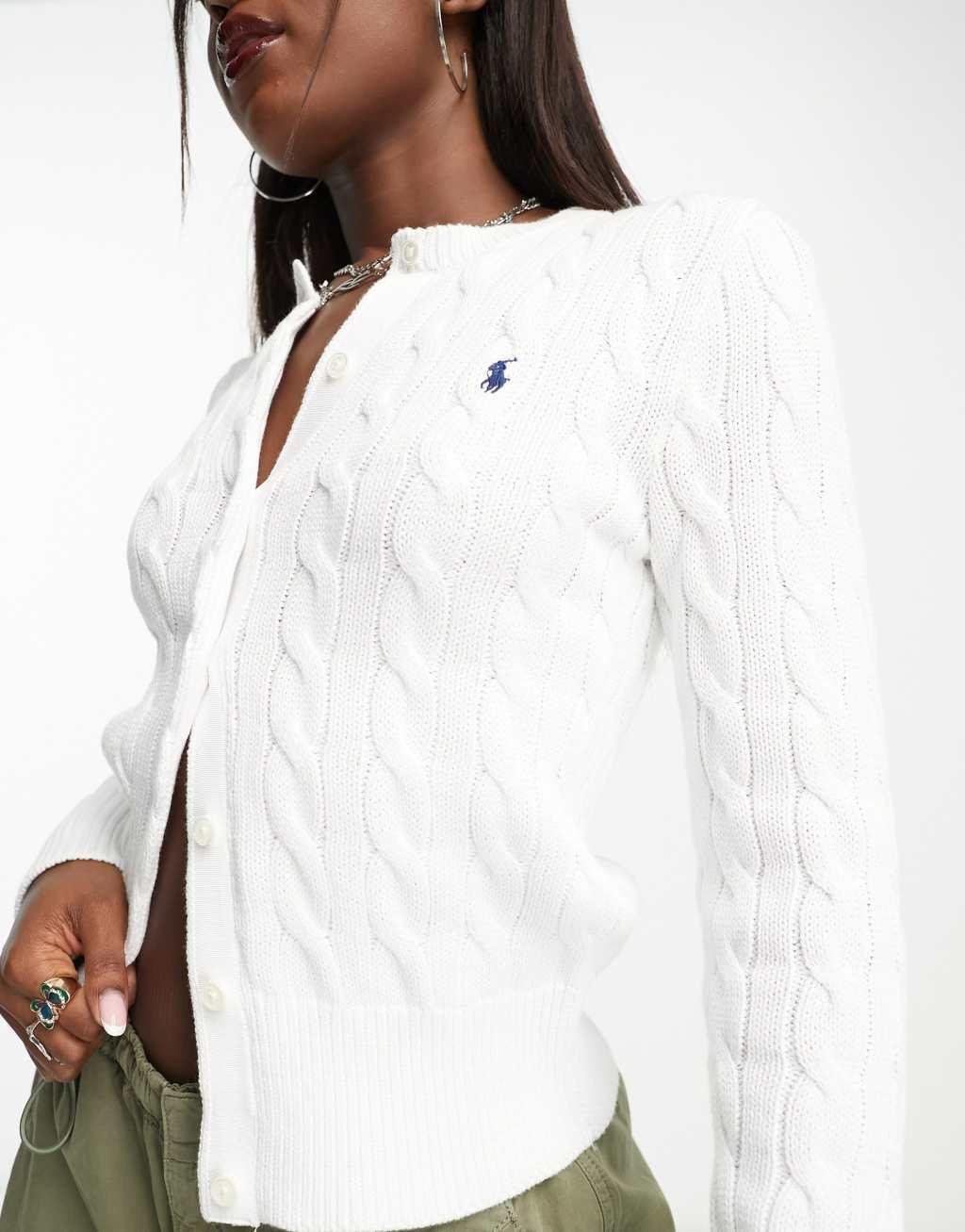 Polo Ralph Lauren icon logo cotton cable knit cardigan in white Product Image