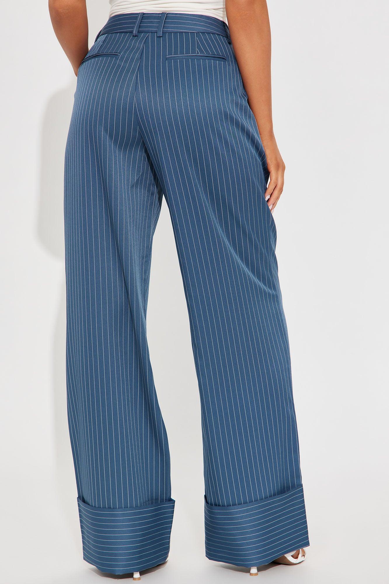 On A Tight Schedule Pinstripe Cuffed Trouser Pant - Blue Product Image