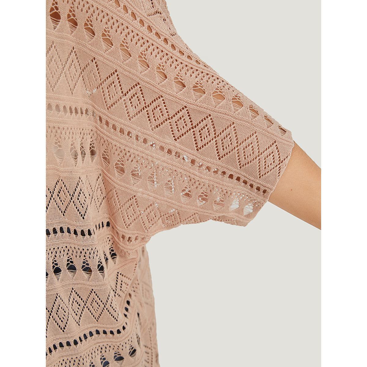 Plus Size Plain Geometric Eyelet Batwing Sleeve Open Front Cardigan Apricot Women Casual Short sleeve Everyday Cardigans BloomChic 12/L Product Image