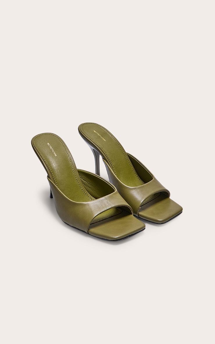 Olive PU Square Toe High Stiletto Heeled Mules Product Image