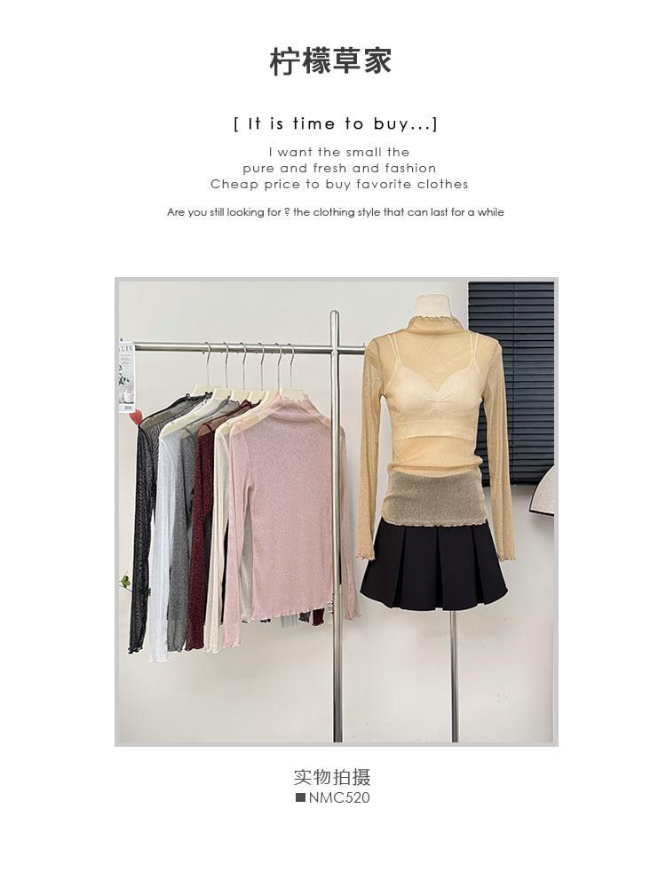 Glitter Mock-Neck Sheer Mesh Top in 9 Colors Product Image