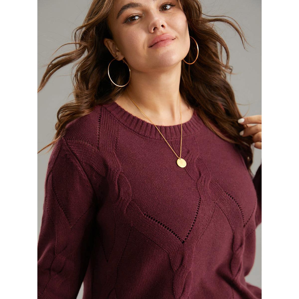 Plus Size Eyelet Cable Knit Elastic Hem Pullover Burgundy Women Casual Loose Long Sleeve Round Neck Dailywear Pullovers BloomChic 26/4X Product Image