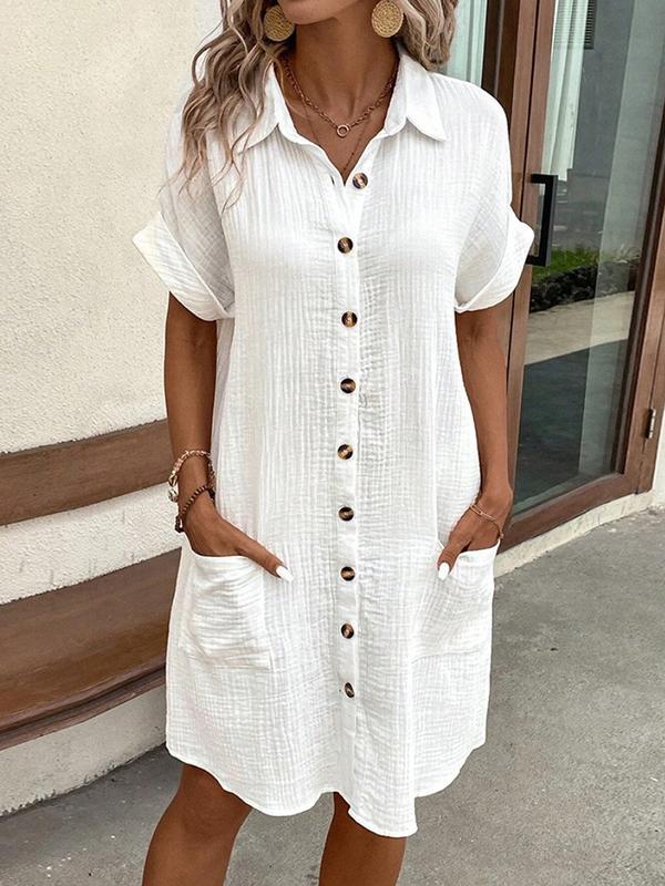 Loose Short Sleeves Buttoned Pockets Lapel Mini Dresses Product Image