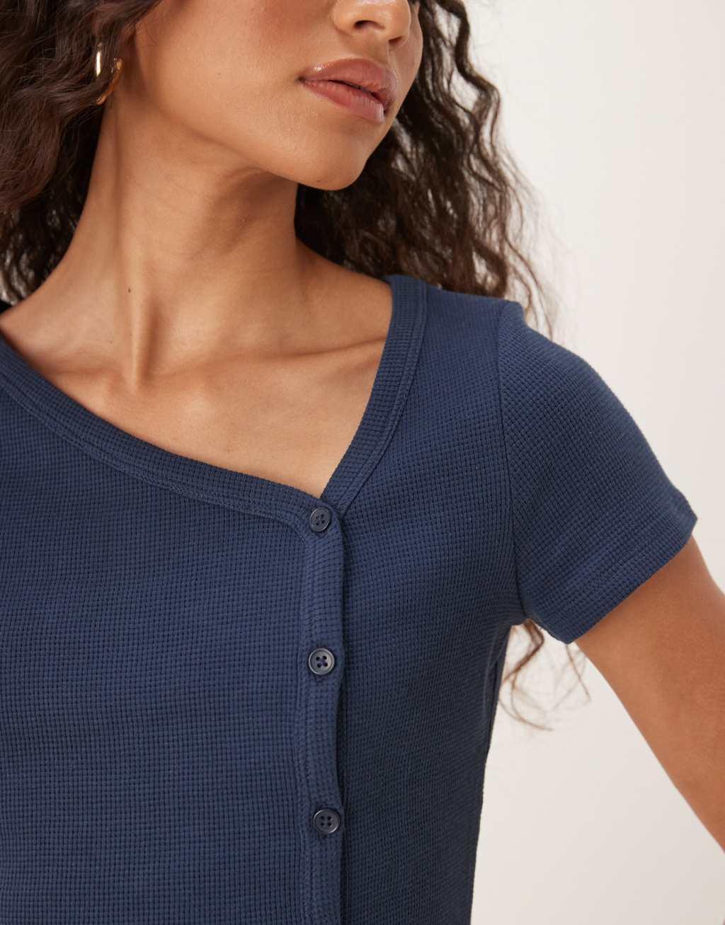 ASOS DESIGN waffle asymmetric button up long sleeve top in navy Product Image