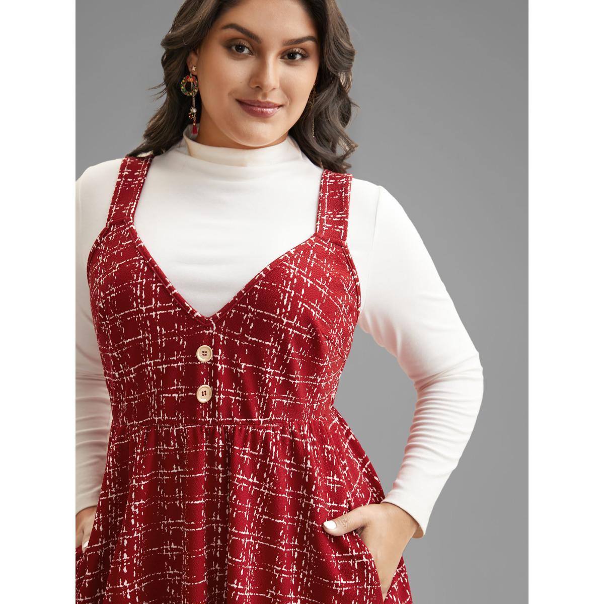 Plus Size Plaid Cami Front Button Midi Dress Scarlet Women Elegant Button Deep V-neck Sleeveless Curvy BloomChic 22-24/3X Product Image