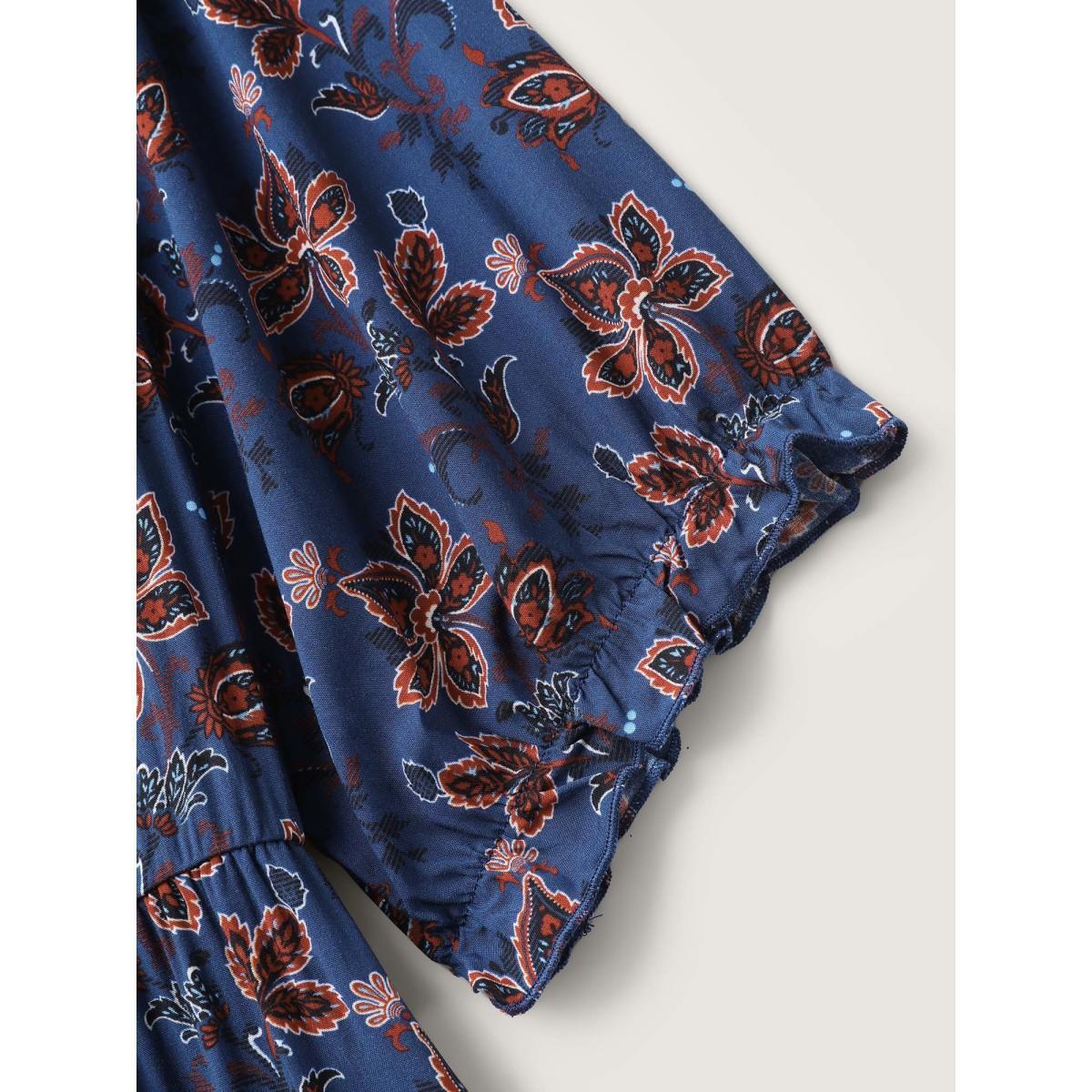 Plus Size Boho Floral Neck Tie Midi Dress DarkBlue Women Notched collar Half Sleeve Curvy BloomChic 12/L Product Image