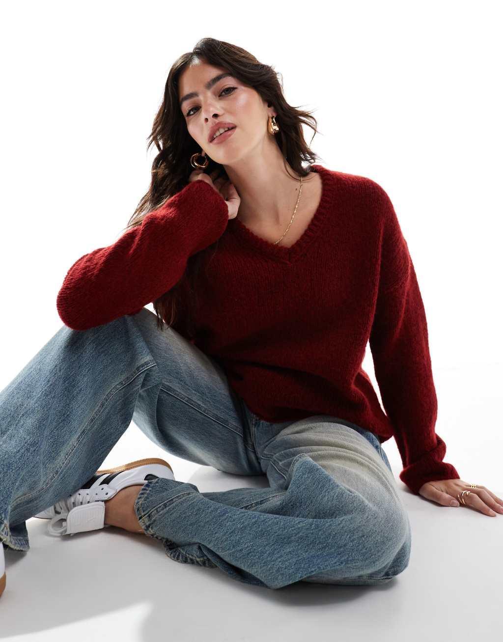 ASOS DESIGN knit v neck sweater in burgundy Product Image