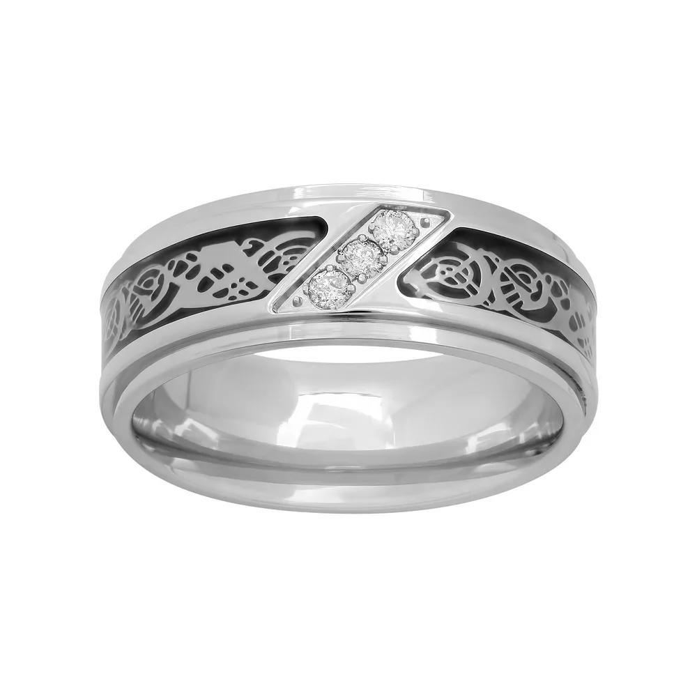 1/10 Carat T.W. Diamond Stainless Steel & Carbon Fiber Celtic Dragon Band - Men, Men's, Size: 11, White Product Image